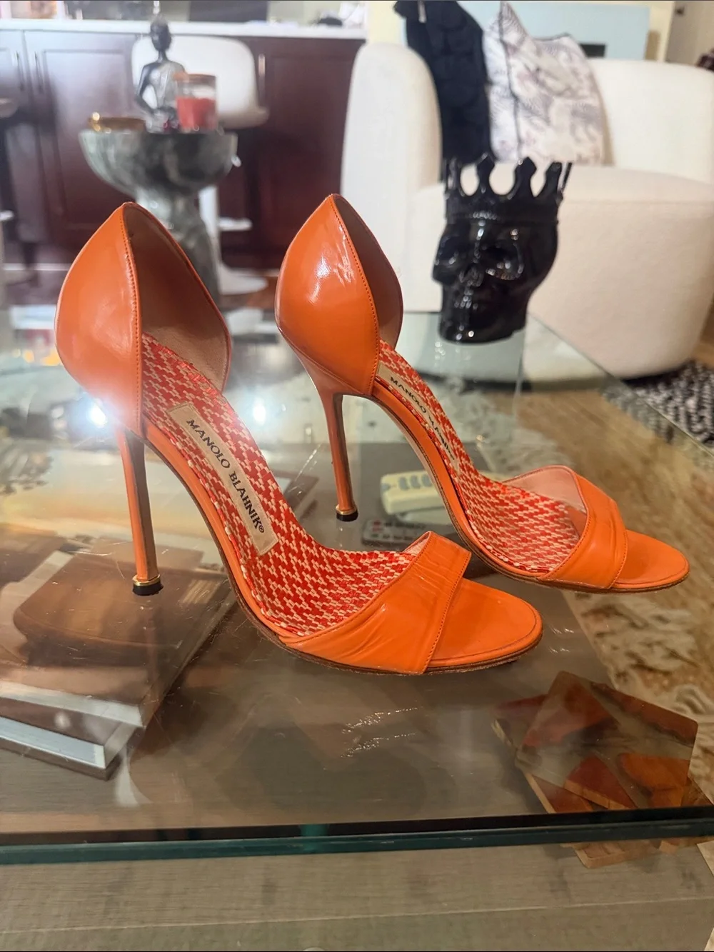 Manolo Blahnik Orange Patent Open-Toe D'Orsay Heels